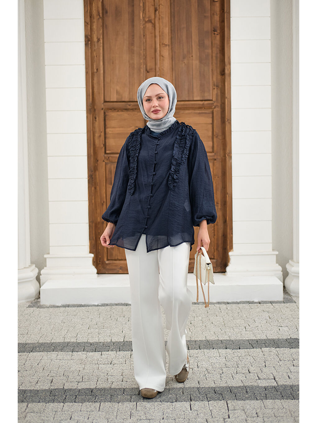 Kadın Yaka Büzgülü Gömlek Lacivert-4