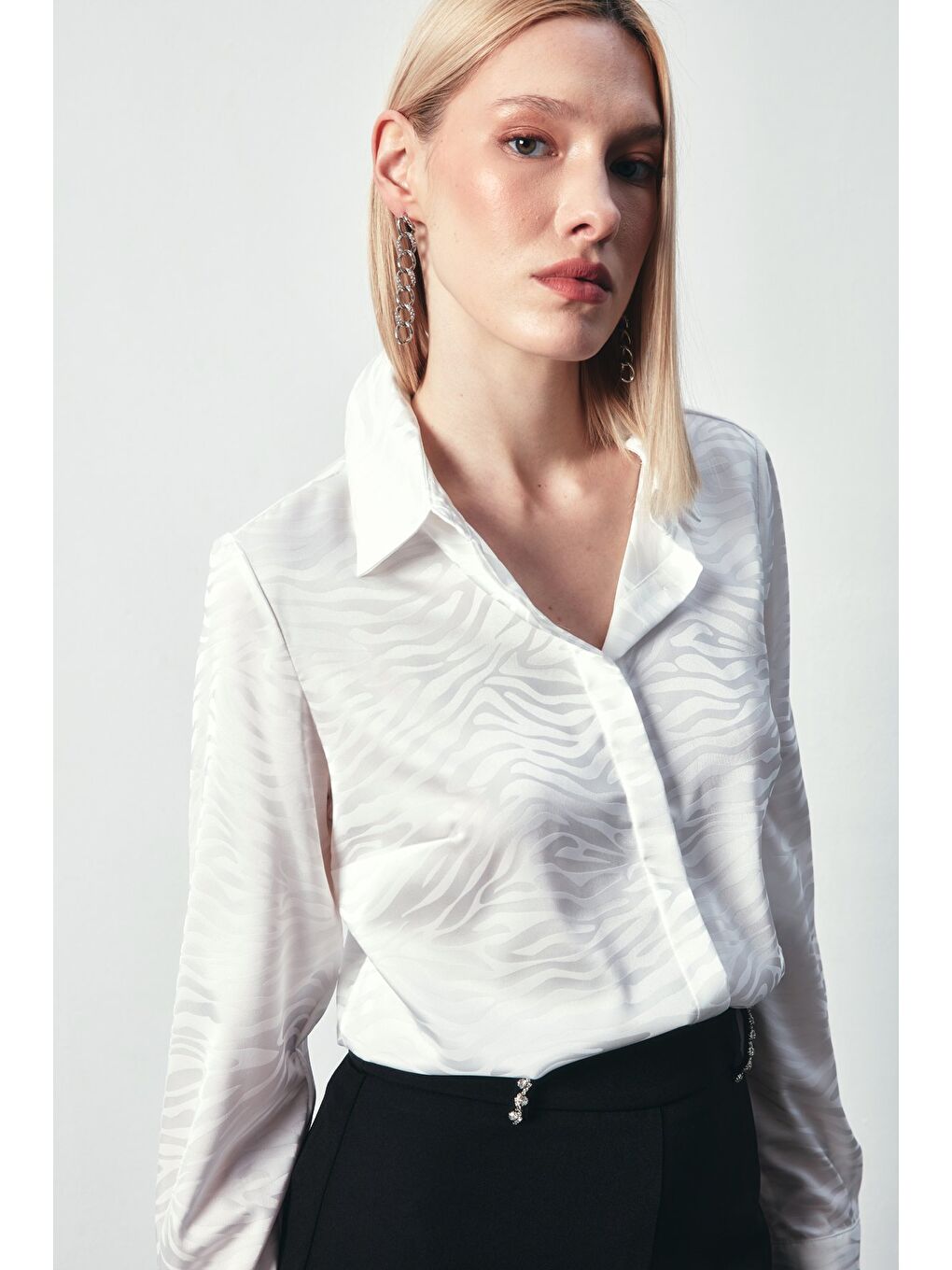 Desenli Düz Klasik Gömlek - Ekru-3