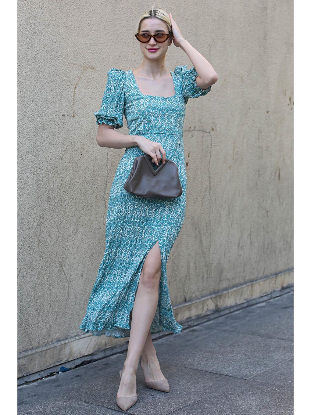 Turkuaz Kare Yaka Desenli Uzun Elbise Mg1802