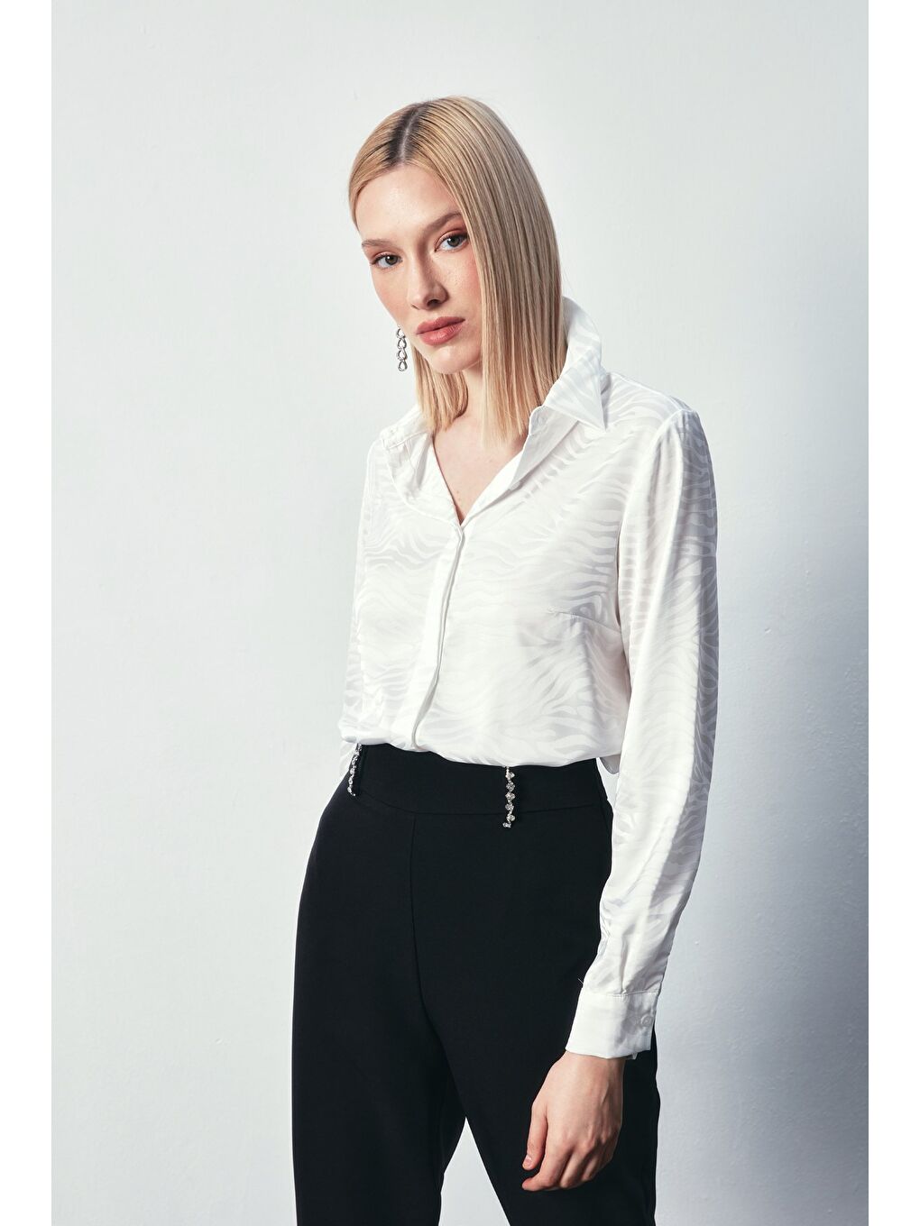 Desenli Düz Klasik Gömlek - Ekru-6