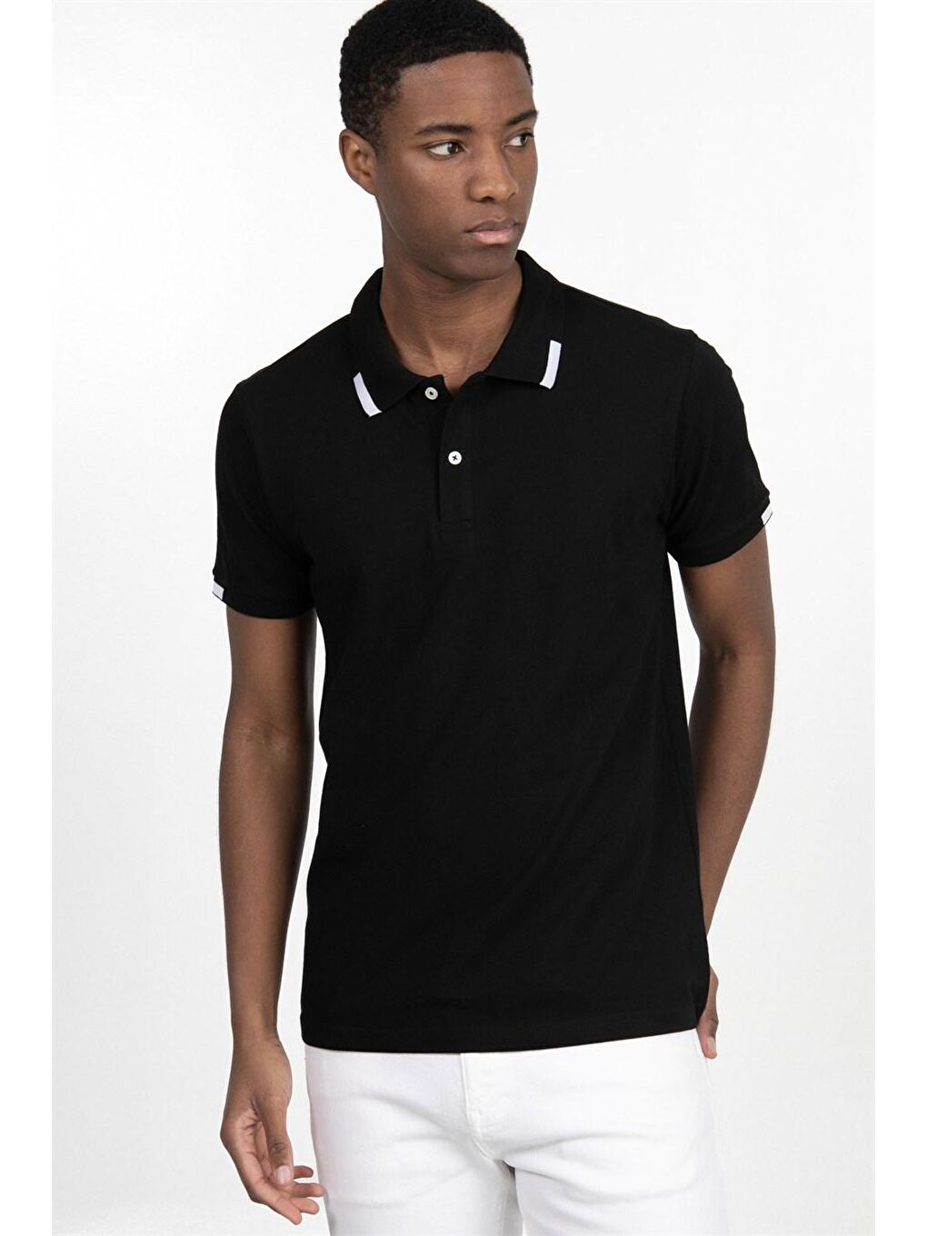 Erkek Slim Fit Dar Kesim %100 Pamuk Düz Pike Siyah Polo Yaka Tişört