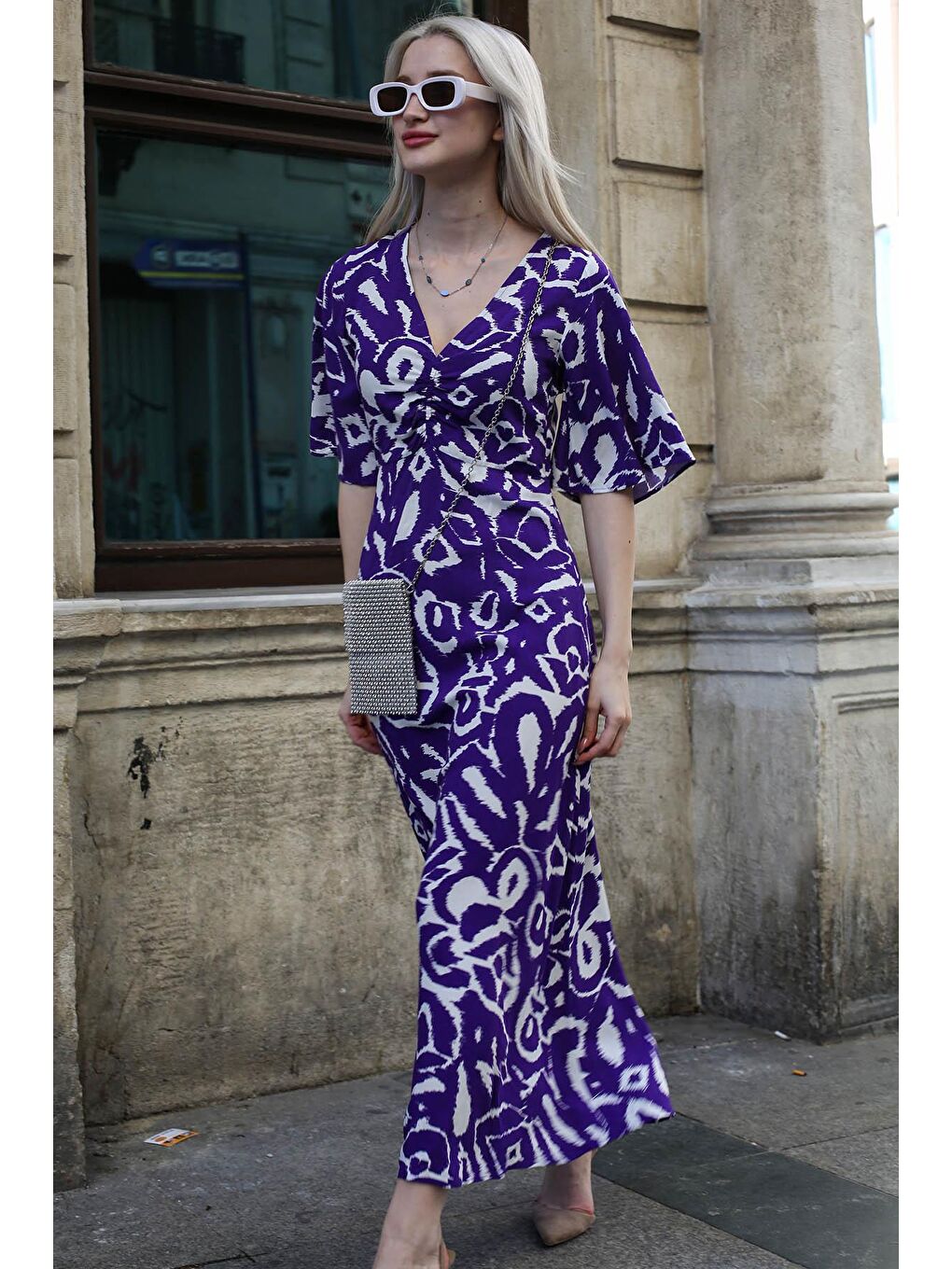 Mor Desenli V Yaka Midi Elbise Mg1797-2