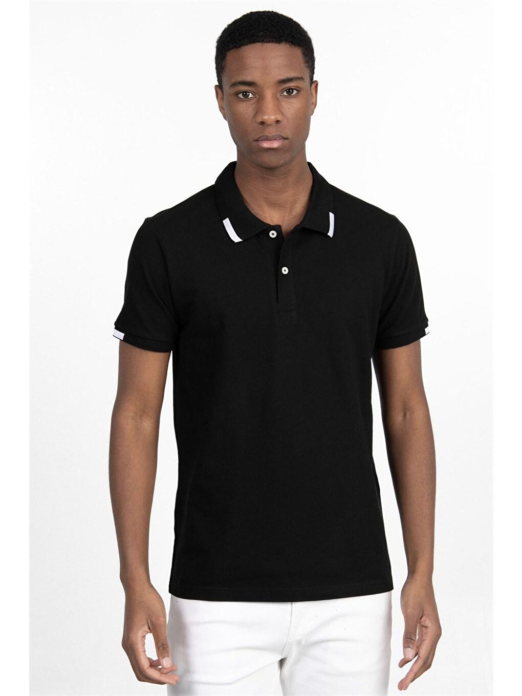 Erkek Slim Fit Dar Kesim %100 Pamuk Düz Pike Siyah Polo Yaka Tişört-1