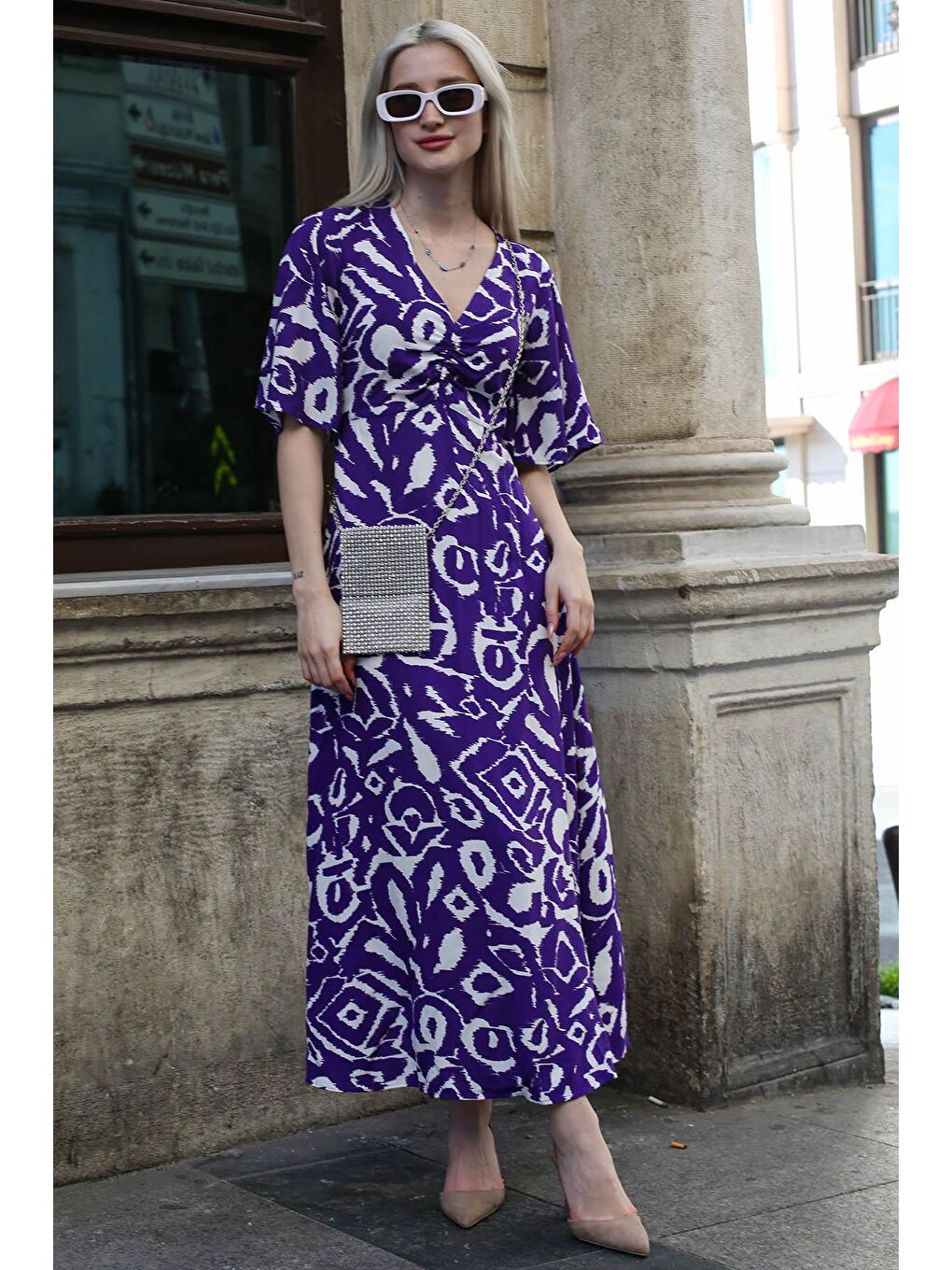 Mor Desenli V Yaka Midi Elbise Mg1797-3