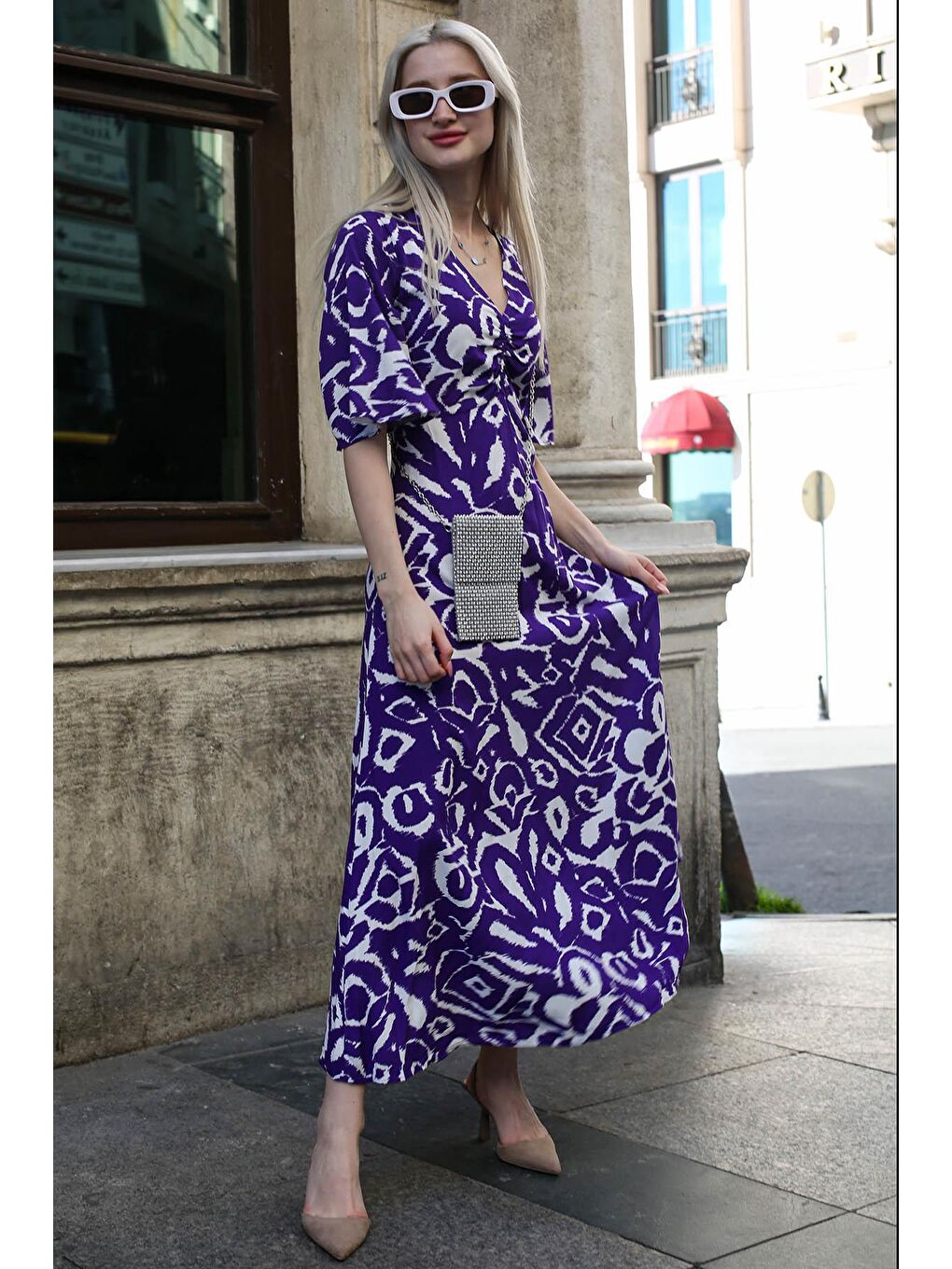 Mor Desenli V Yaka Midi Elbise Mg1797-4