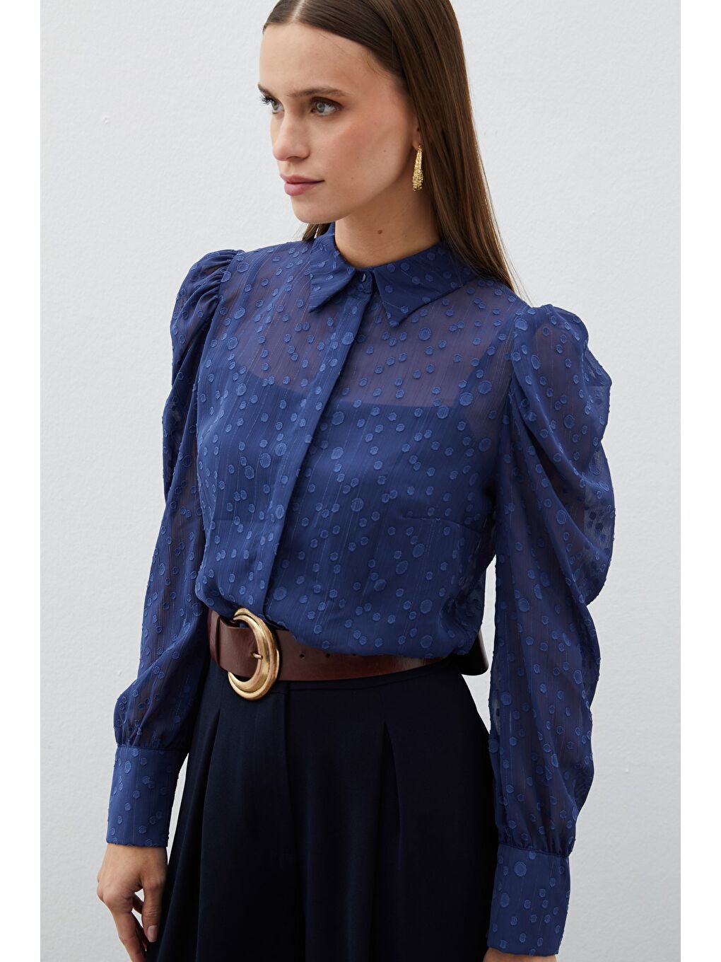 Puantiye Dokulu Gömlek - Lacivert-1