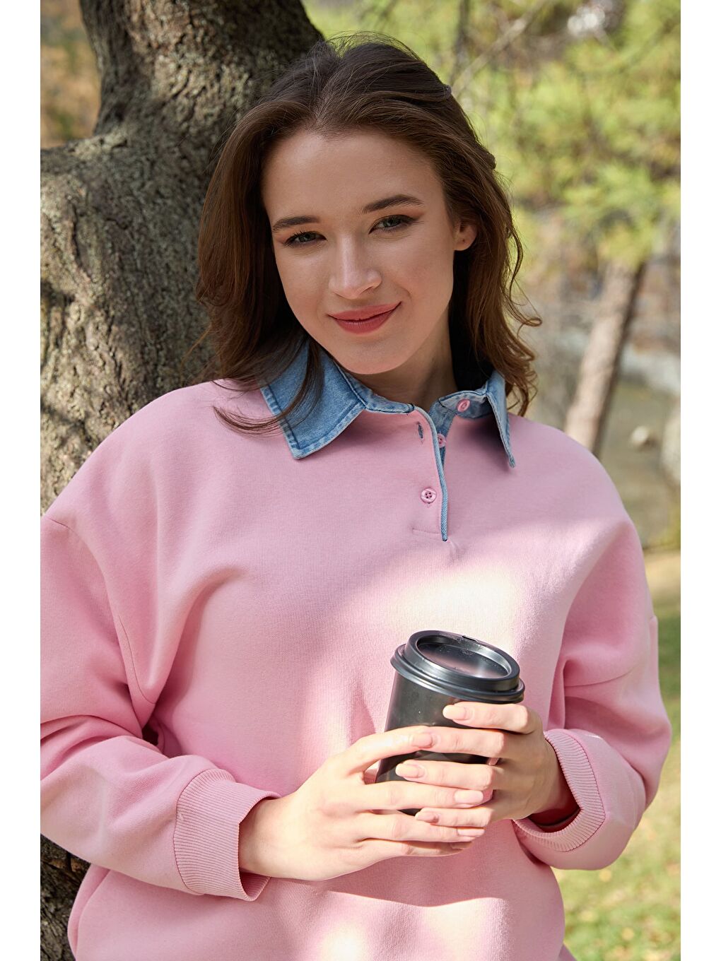 Pembe 3 İplik Jean Garnili Gömlek Yaka Oversize Sweatshirt-1