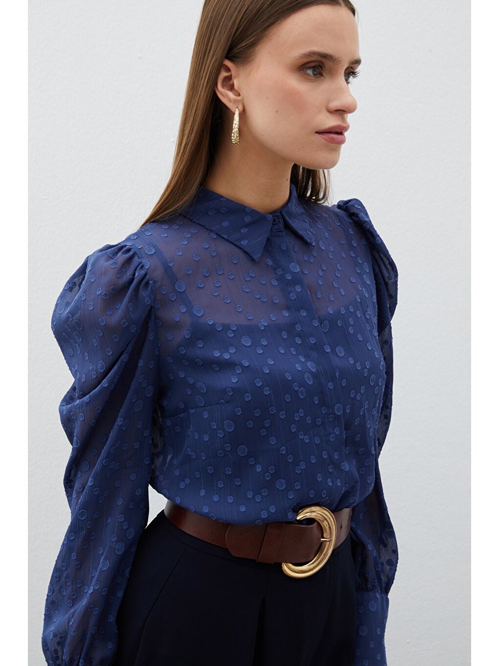 Puantiye Dokulu Gömlek - Lacivert-2