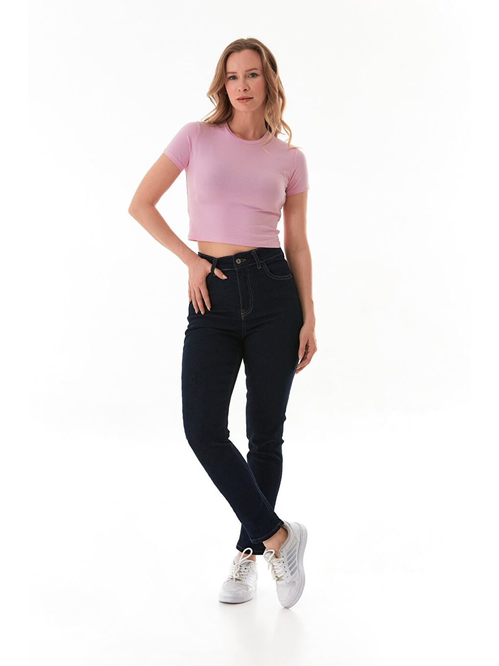 Pembe Basic Bisiklet Yaka Crop Tişört-1