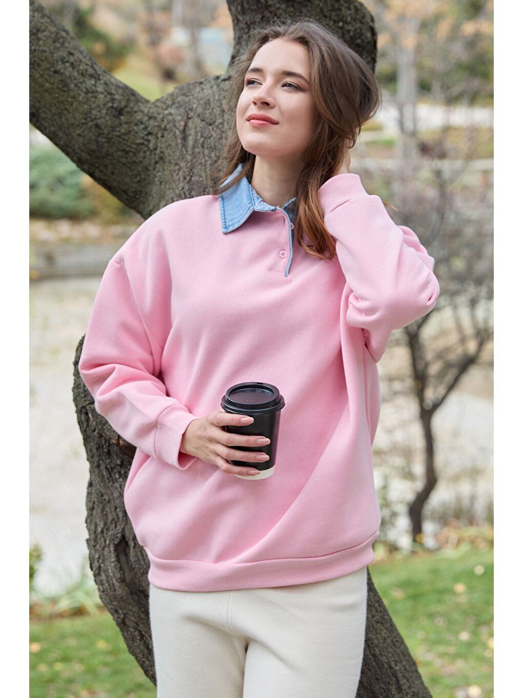 Pembe 3 İplik Jean Garnili Gömlek Yaka Oversize Sweatshirt-2