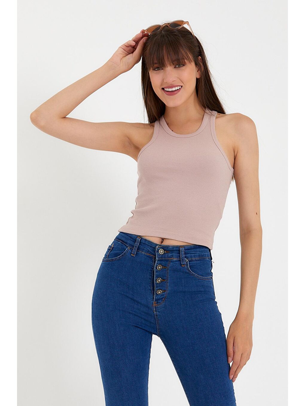 Pembe Kadın Crop Örme Arkası Yüksek Yaka Atlet-Tişort SPR21Y11