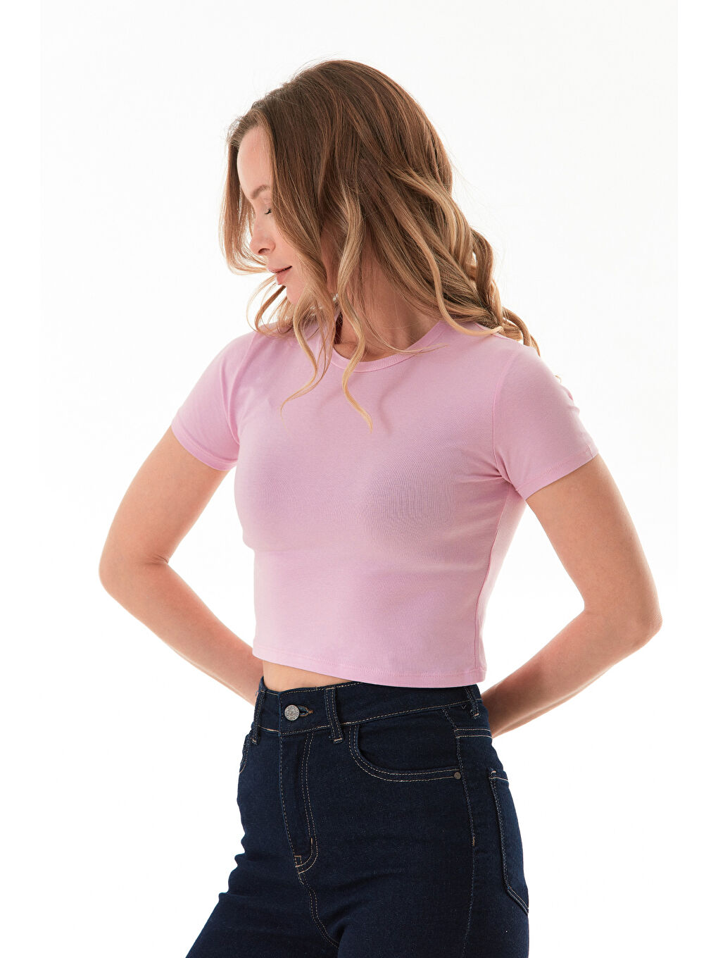 Pembe Basic Bisiklet Yaka Crop Tişört-2