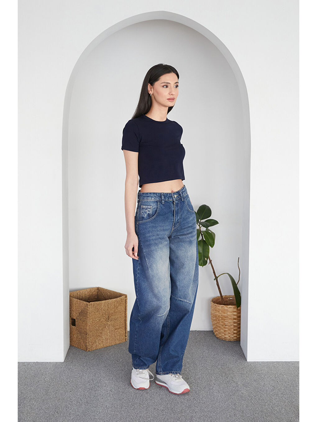 Lacivert Basic Bisiklet Yaka Crop Tişört-1