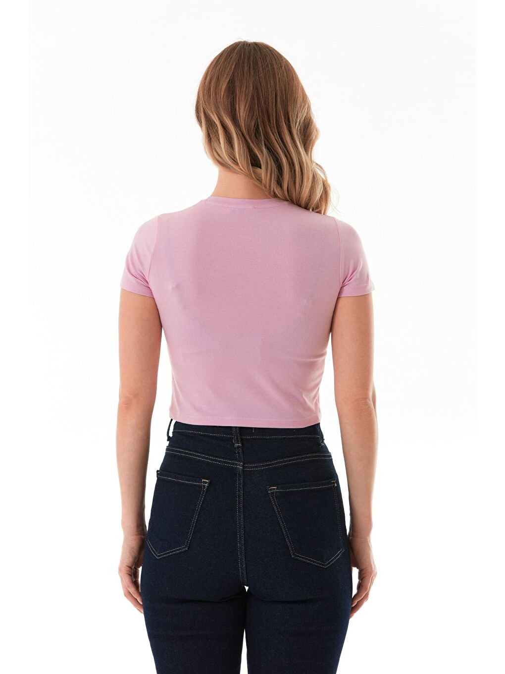 Pembe Basic Bisiklet Yaka Crop Tişört-3