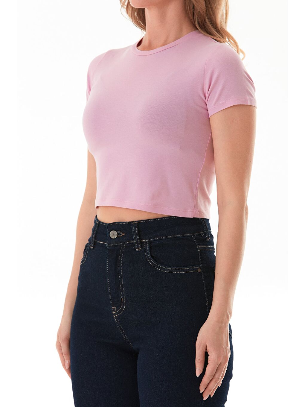 Pembe Basic Bisiklet Yaka Crop Tişört-4