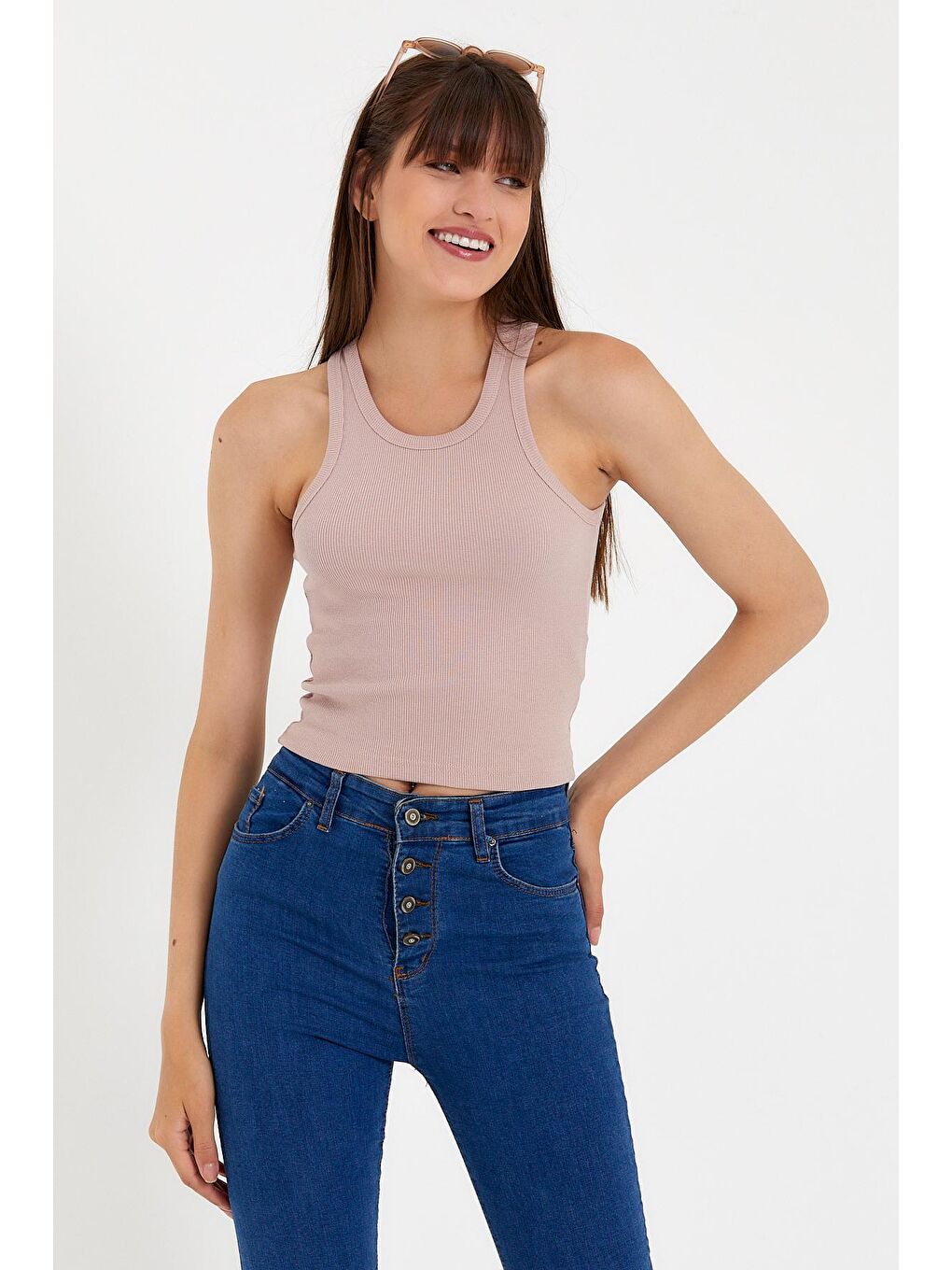 Pembe Kadın Crop Örme Arkası Yüksek Yaka Atlet-Tişort SPR21Y11-1