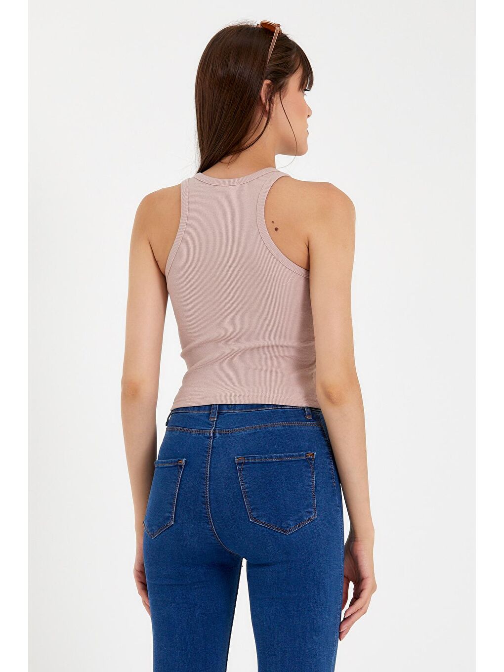 Pembe Kadın Crop Örme Arkası Yüksek Yaka Atlet-Tişort SPR21Y11-2