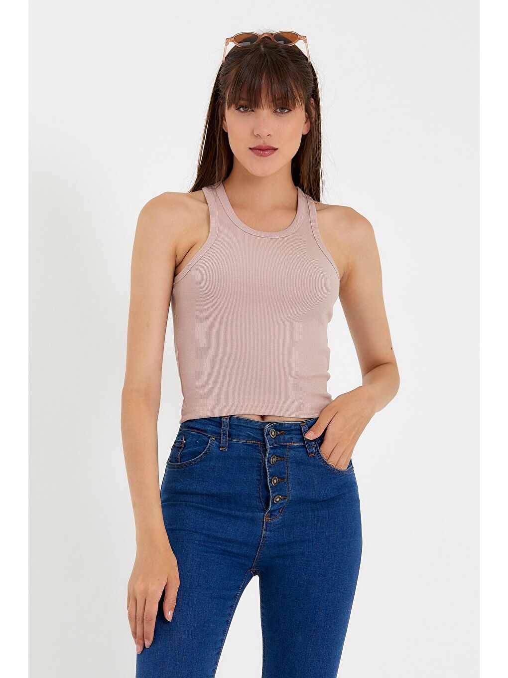 Pembe Kadın Crop Örme Arkası Yüksek Yaka Atlet-Tişort SPR21Y11-3