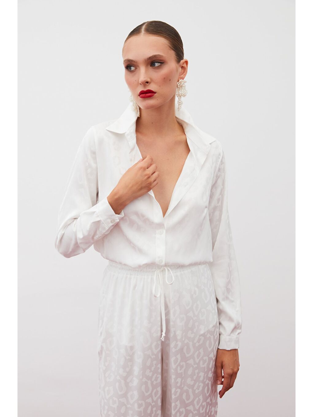 Desenli Saten Gömlek - Ekru-1