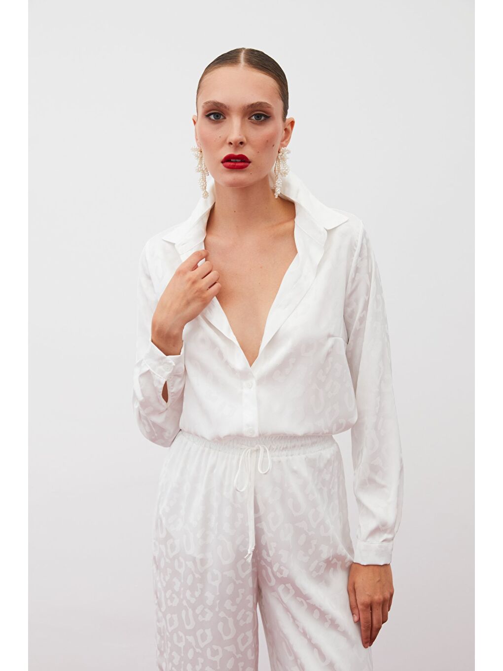 Desenli Saten Gömlek - Ekru-2