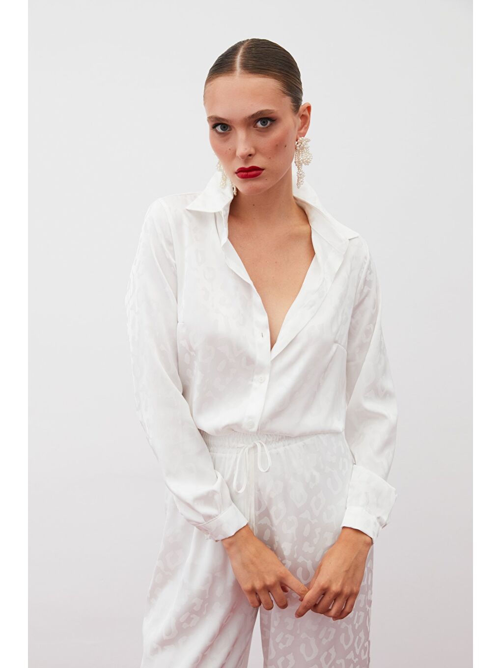 Desenli Saten Gömlek - Ekru-3