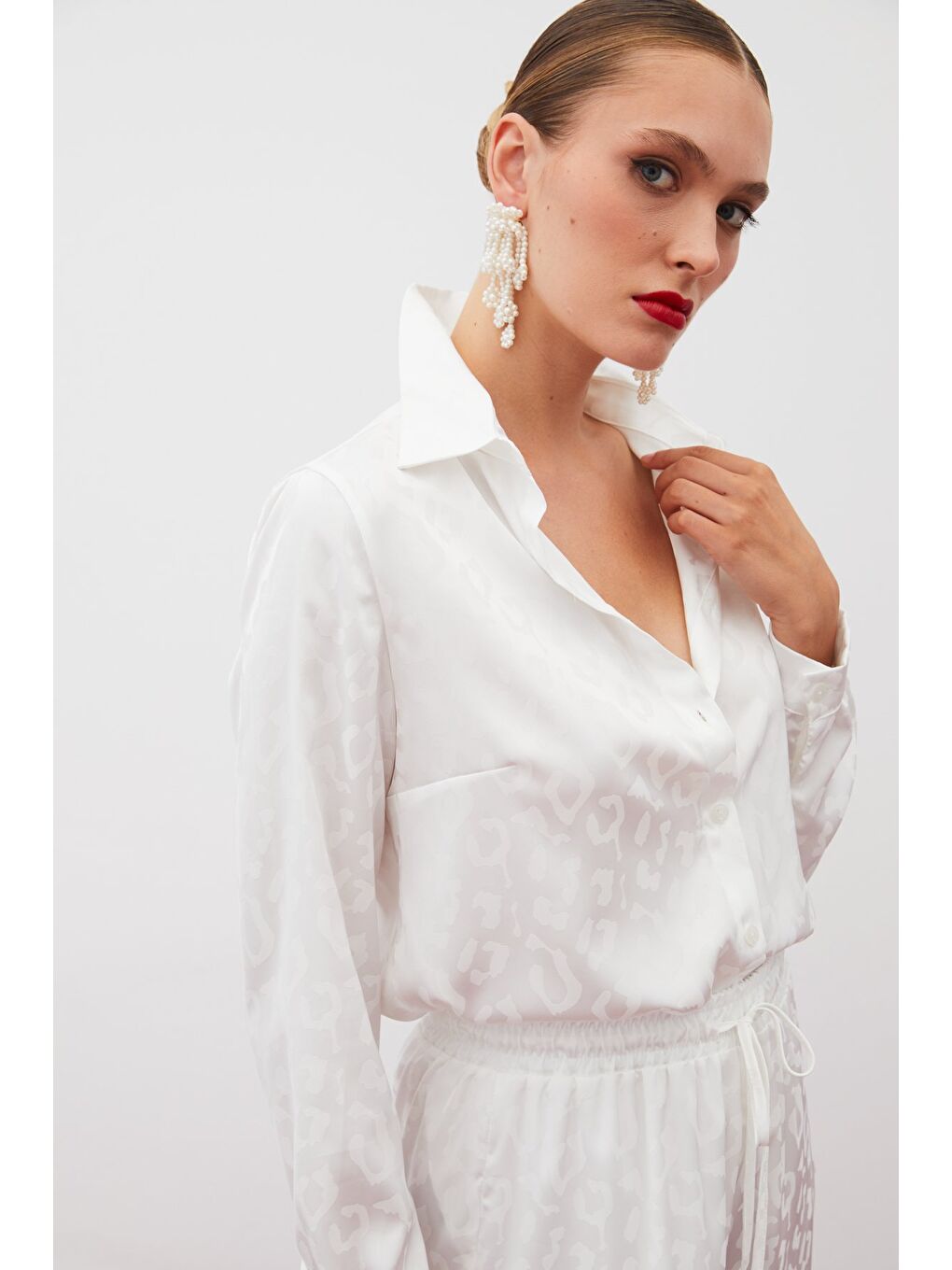 Desenli Saten Gömlek - Ekru-5