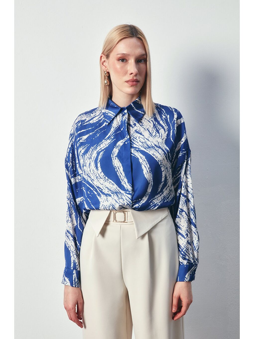 Desenli Uzun Gömlek - Sax Mavi-1