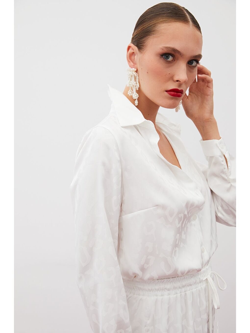 Desenli Saten Gömlek - Ekru-6