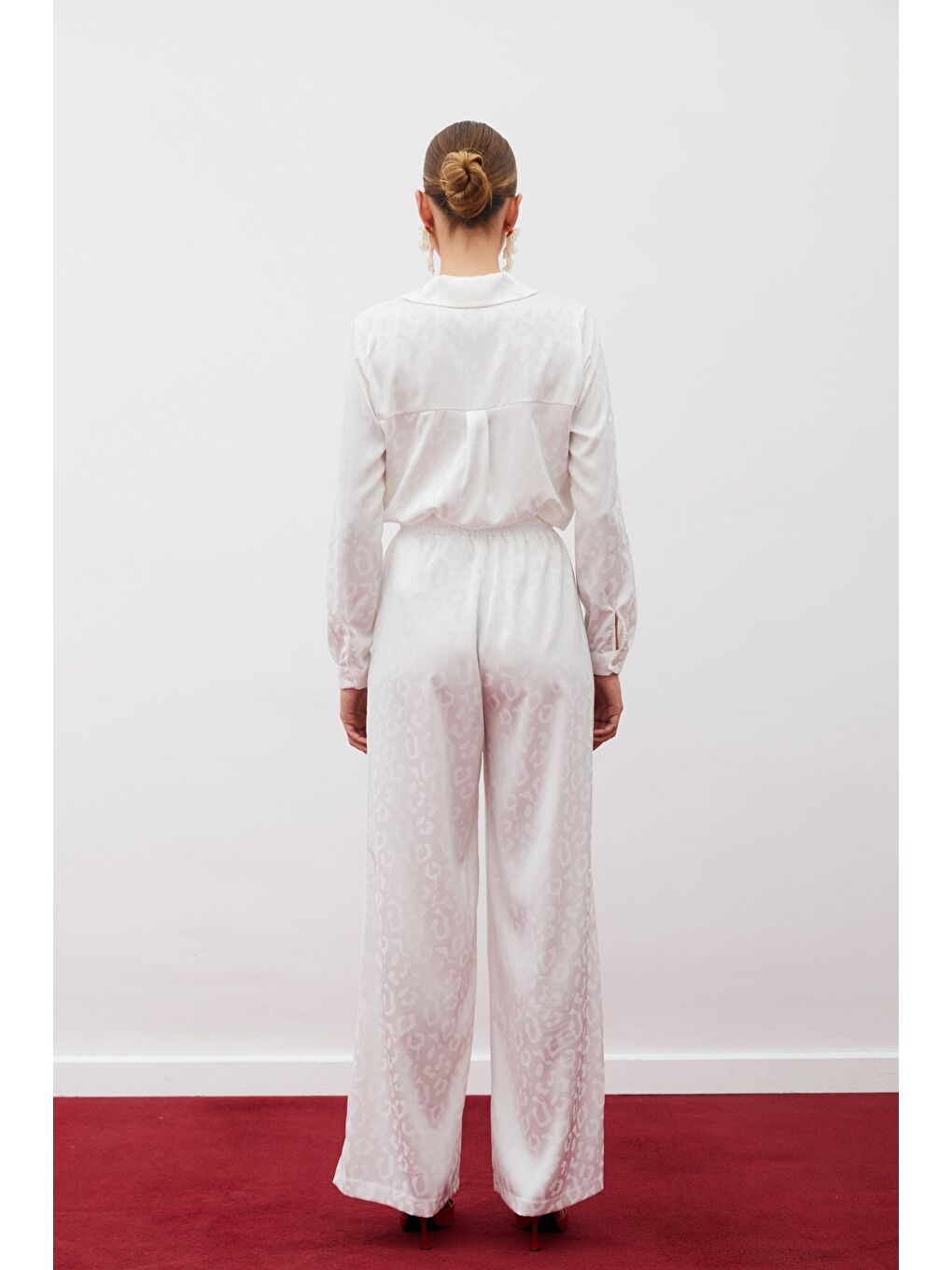 Desenli Saten Gömlek - Ekru-7