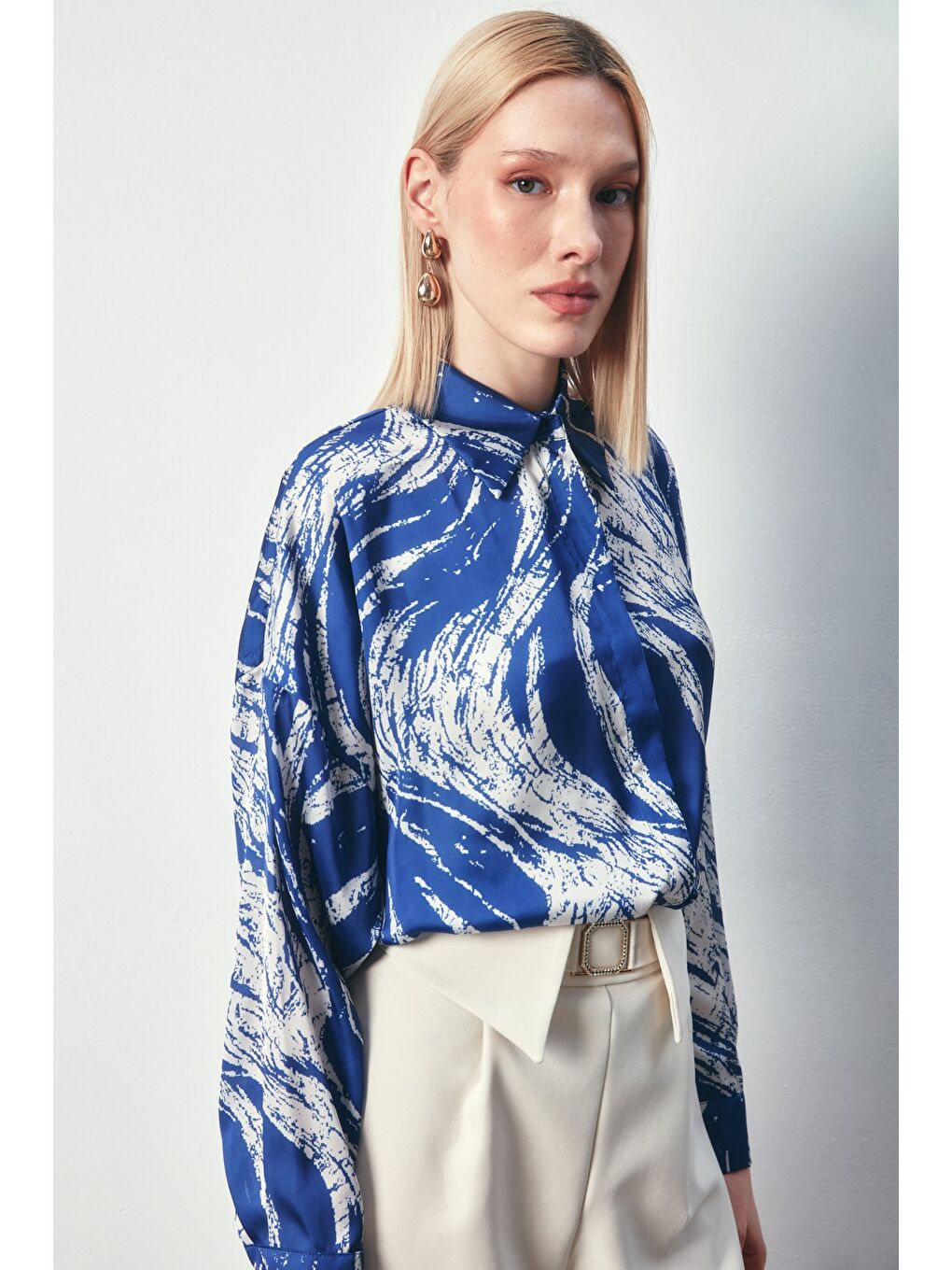 Desenli Uzun Gömlek - Sax Mavi-3