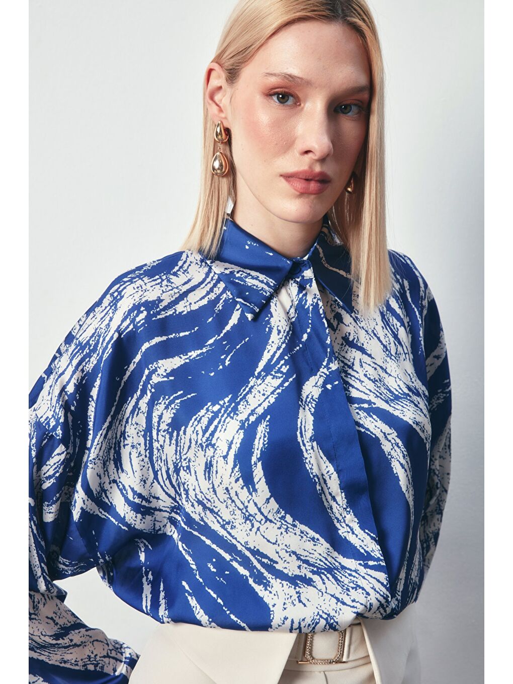 Desenli Uzun Gömlek - Sax Mavi-4