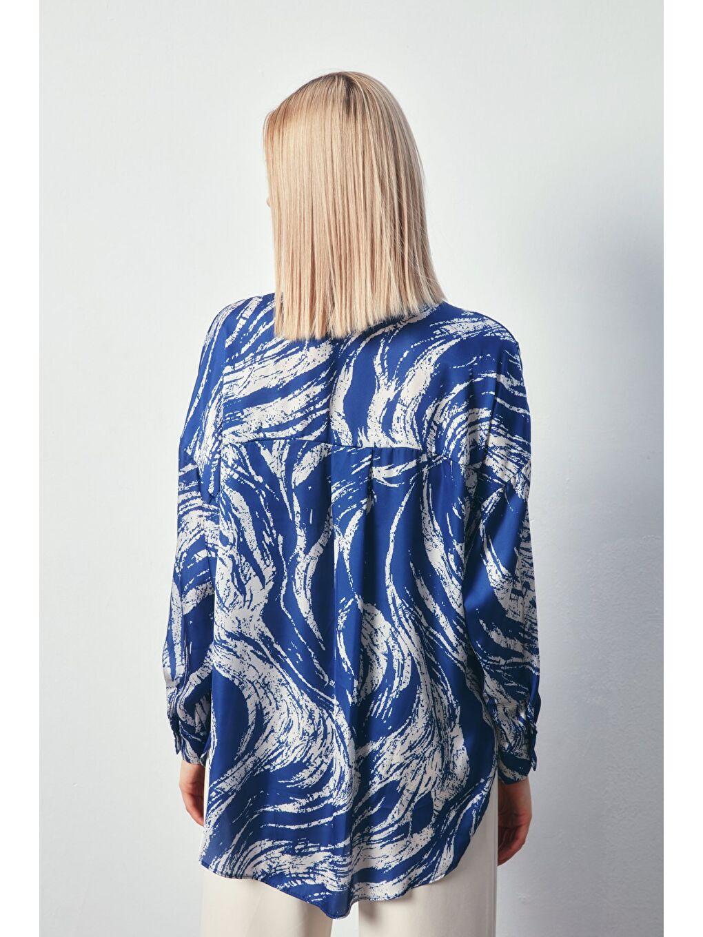 Desenli Uzun Gömlek - Sax Mavi-5