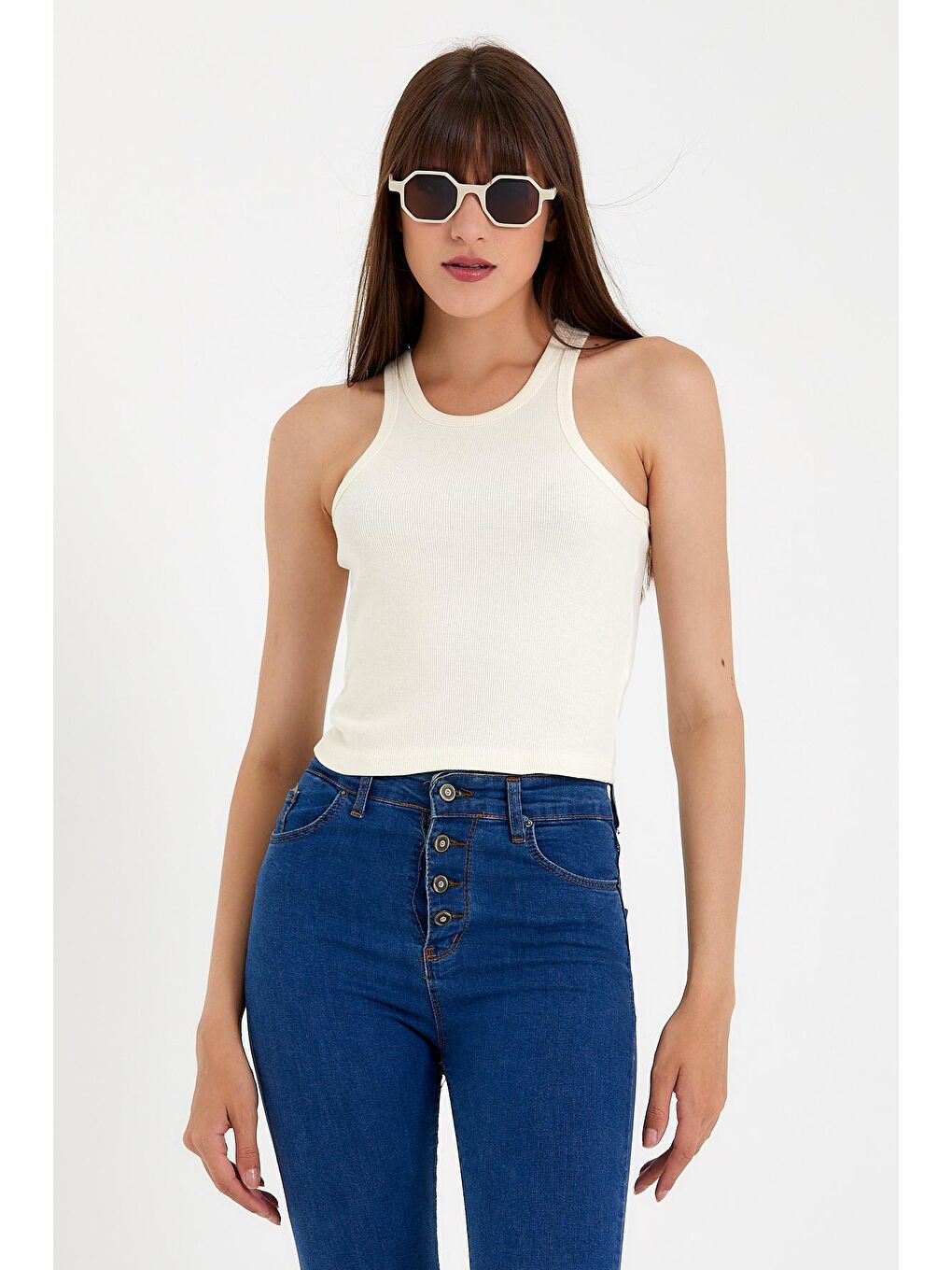 Ekru Kadın Crop Örme Arkası Yüksek Yaka Slim Fit Atlet-Tişort SPR21Y11-1