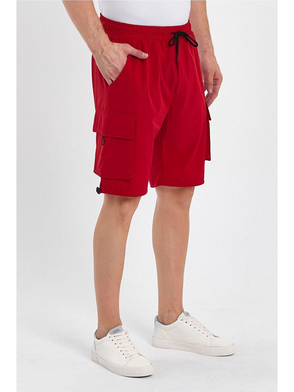 Kırmızı Erkek Spor Şort Outdoor Spor Likra Kapaklı Kargo Cepli Şort
