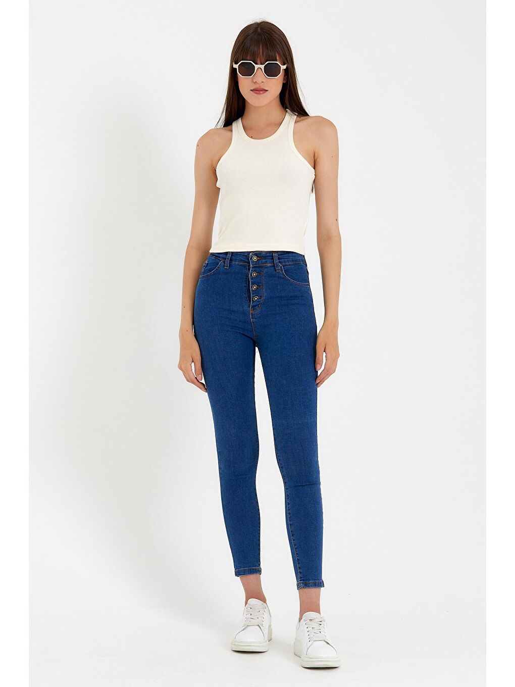 Ekru Kadın Crop Örme Arkası Yüksek Yaka Slim Fit Atlet-Tişort SPR21Y11-3