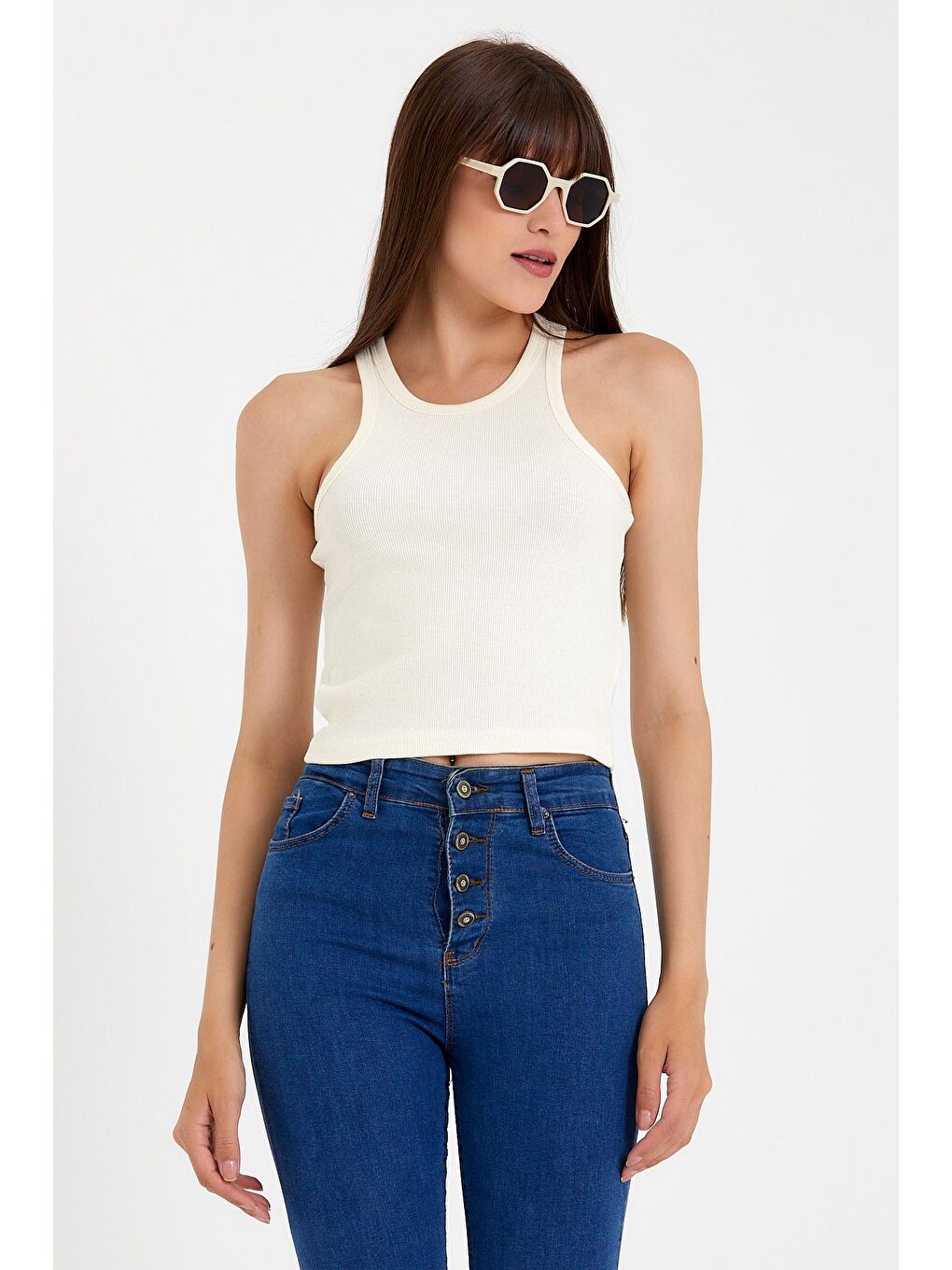 Ekru Kadın Crop Örme Arkası Yüksek Yaka Slim Fit Atlet-Tişort SPR21Y11-4