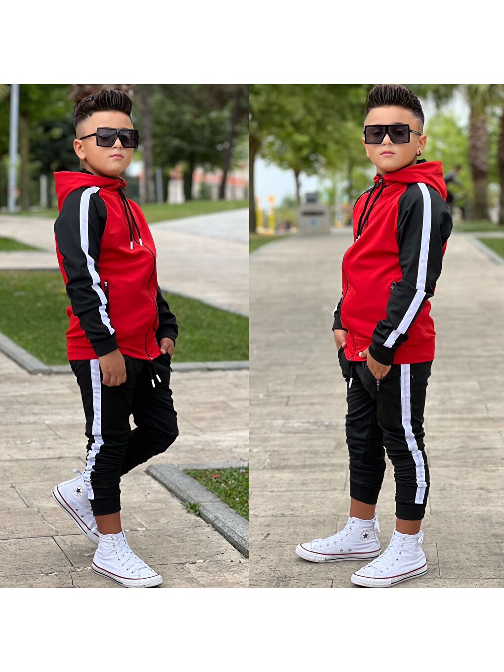 Kırmızı Unisex Şerit Detaylı Kapüşonlu Çocuk Eşofman Takımı ESF.1903-1