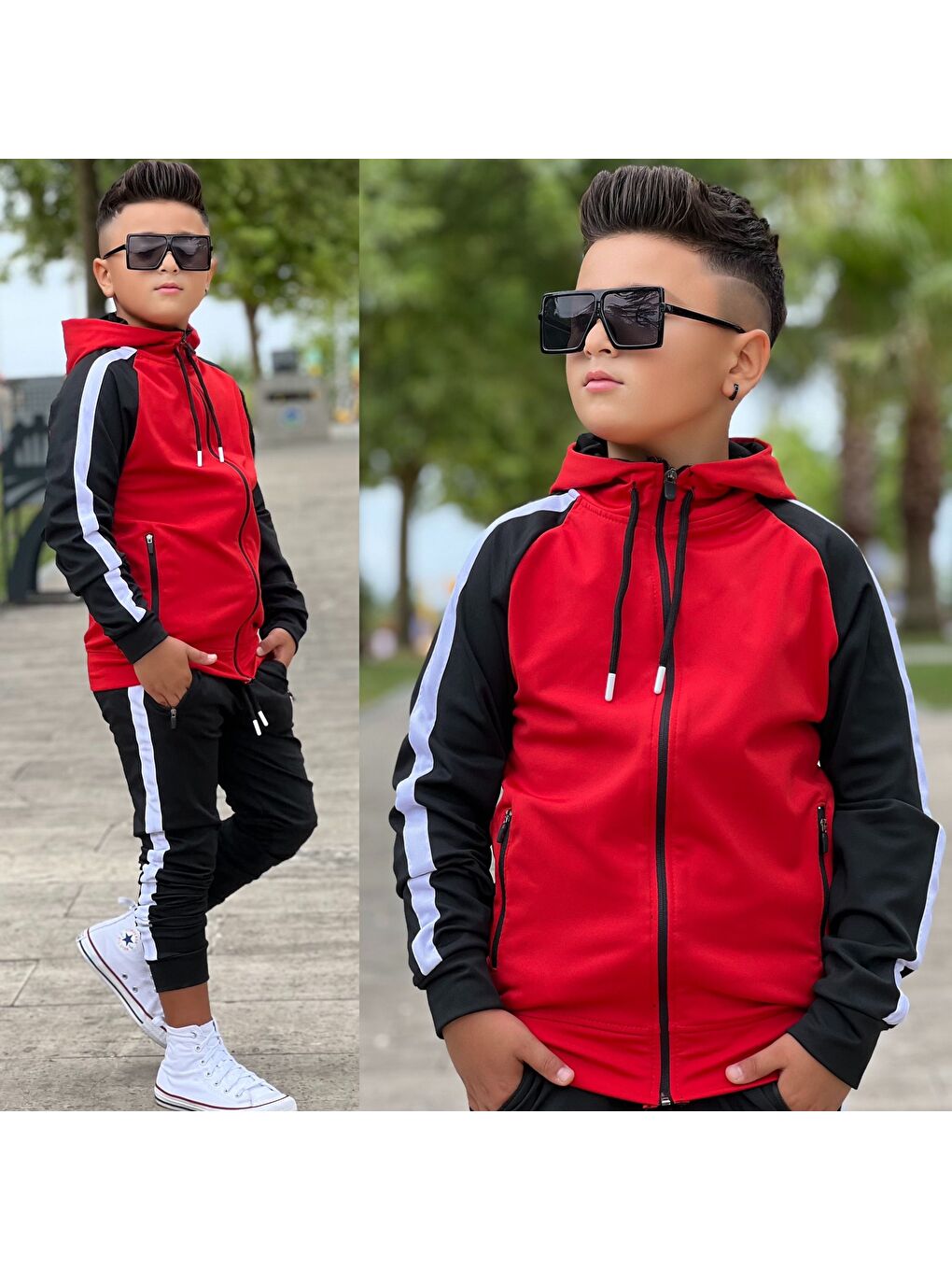 Kırmızı Unisex Şerit Detaylı Kapüşonlu Çocuk Eşofman Takımı ESF.1903-2