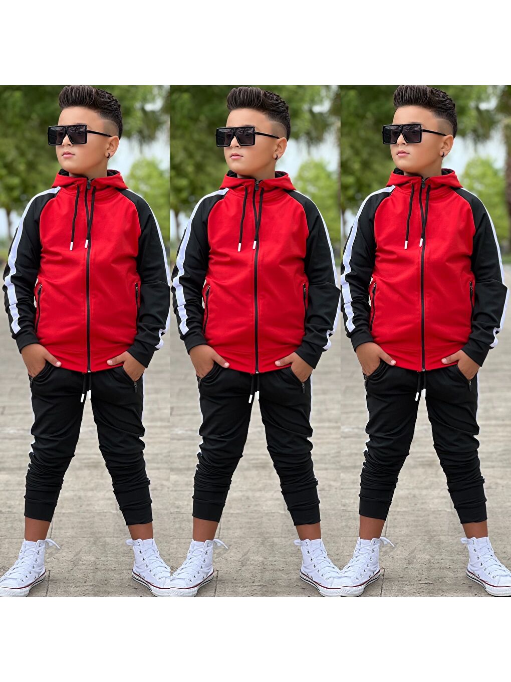 Kırmızı Unisex Şerit Detaylı Kapüşonlu Çocuk Eşofman Takımı ESF.1903-3