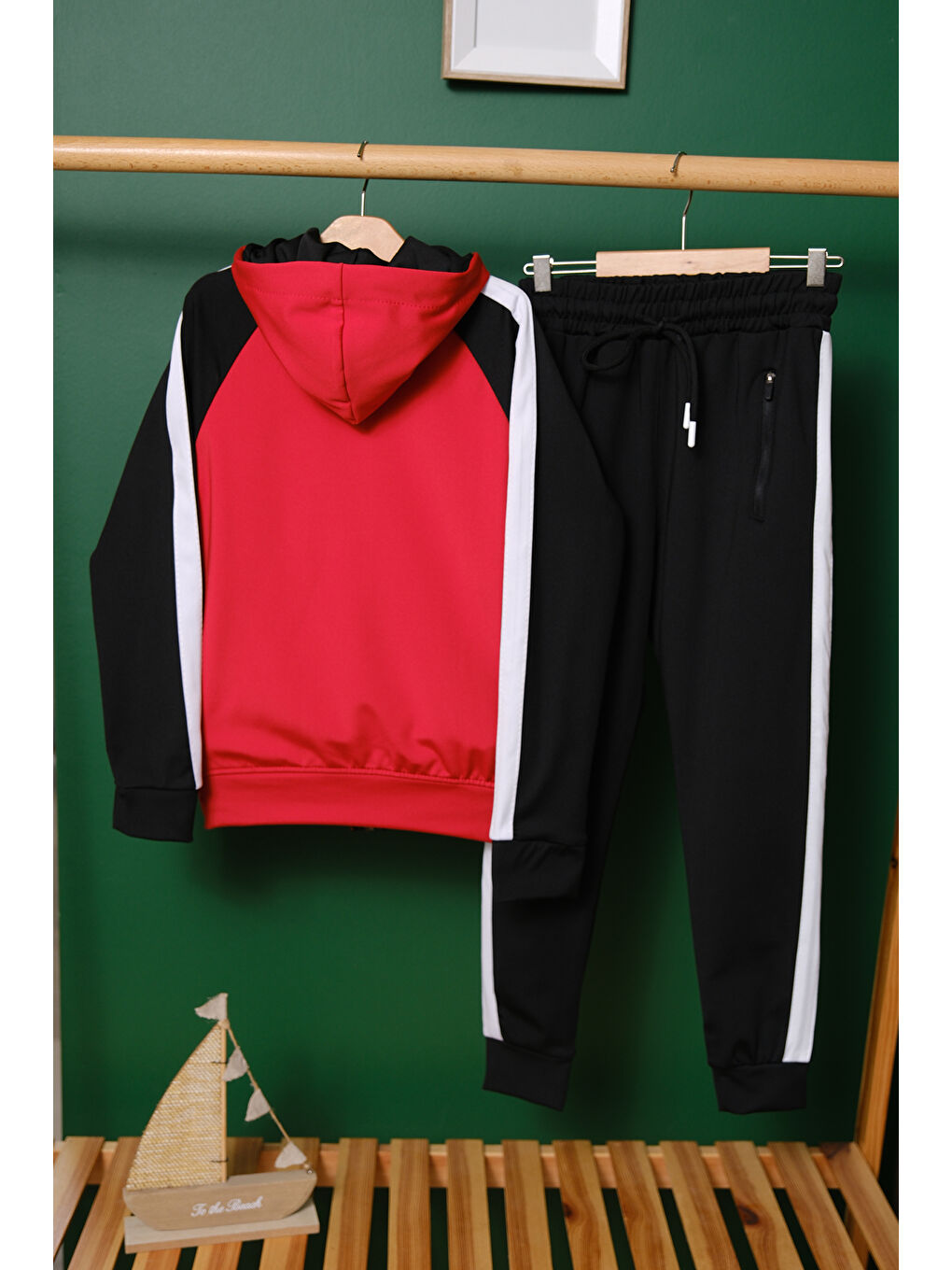 Kırmızı Unisex Şerit Detaylı Kapüşonlu Çocuk Eşofman Takımı ESF.1903-5