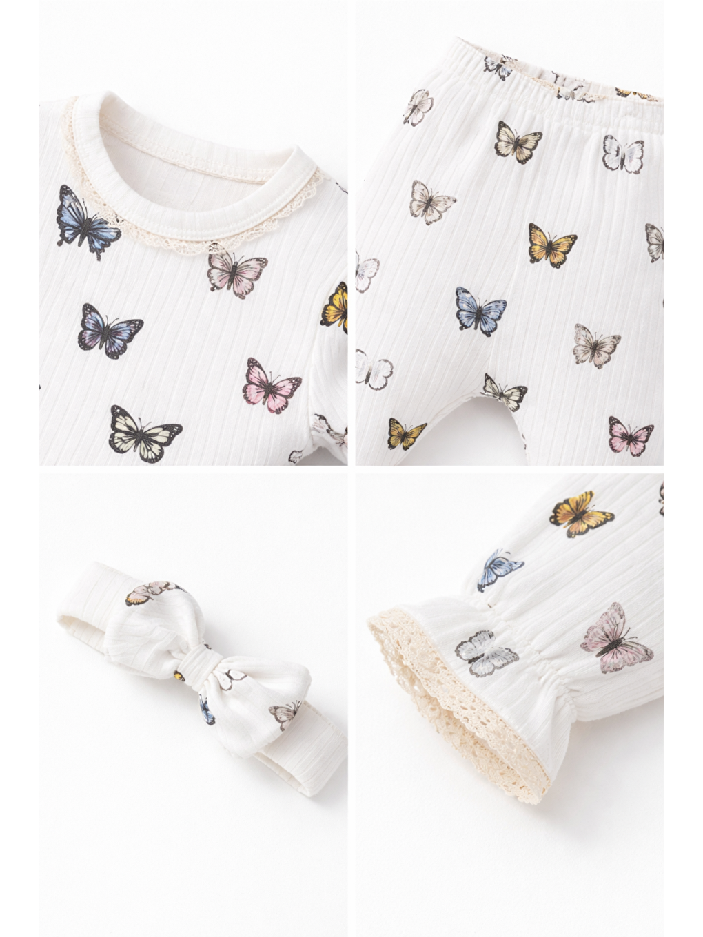 Beyaz Kız Bebek Kelebek Desenli Dantelli Balon Kollu Çıtçıtlı 3lü Takım Set Saç Bantlı-2