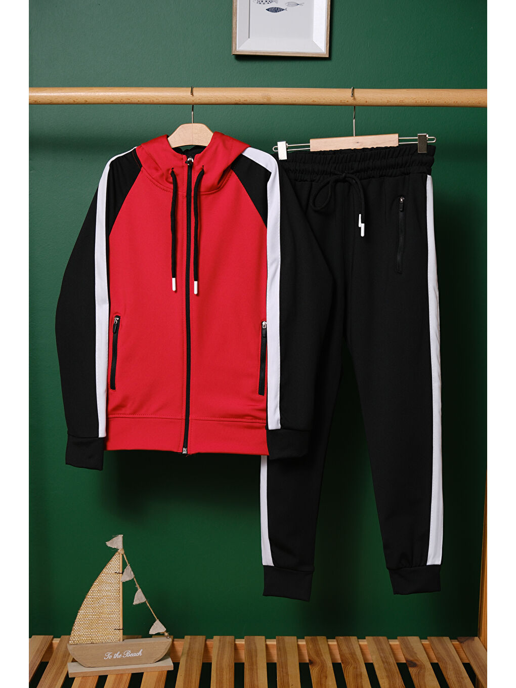 Kırmızı Unisex Şerit Detaylı Kapüşonlu Çocuk Eşofman Takımı ESF.1903-8