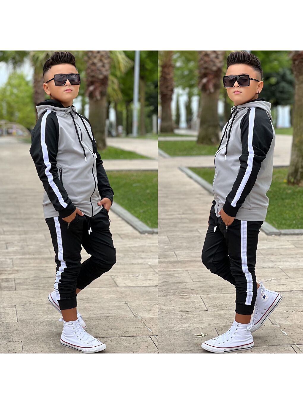 Gri Unisex Şerit Detaylı Kapüşonlu Çocuk Eşofman Takımı ESF.1903-1