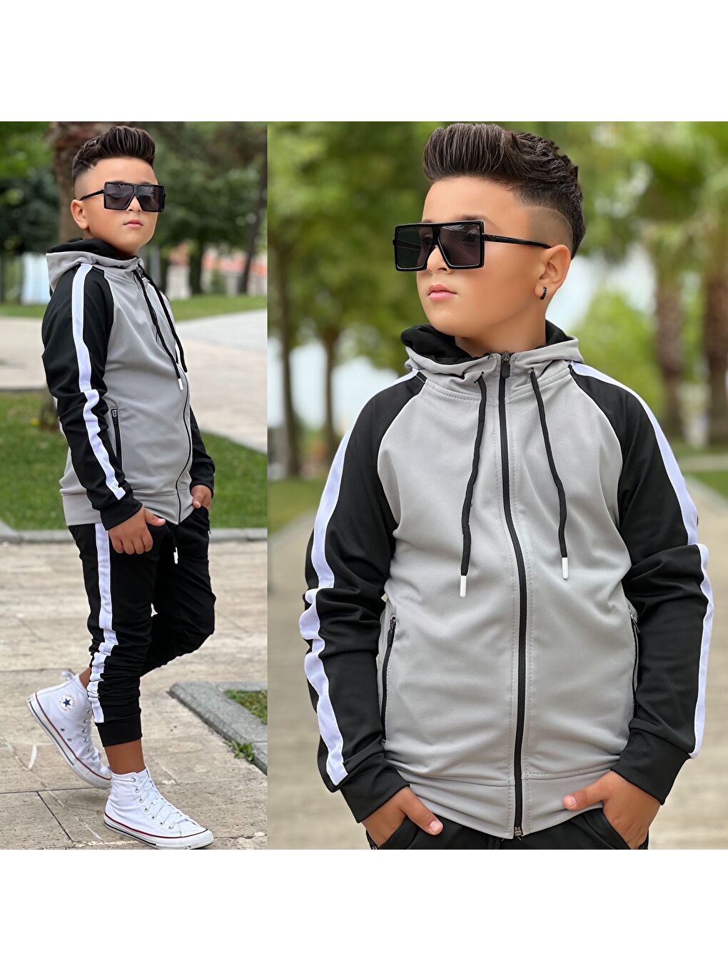 Gri Unisex Şerit Detaylı Kapüşonlu Çocuk Eşofman Takımı ESF.1903-2