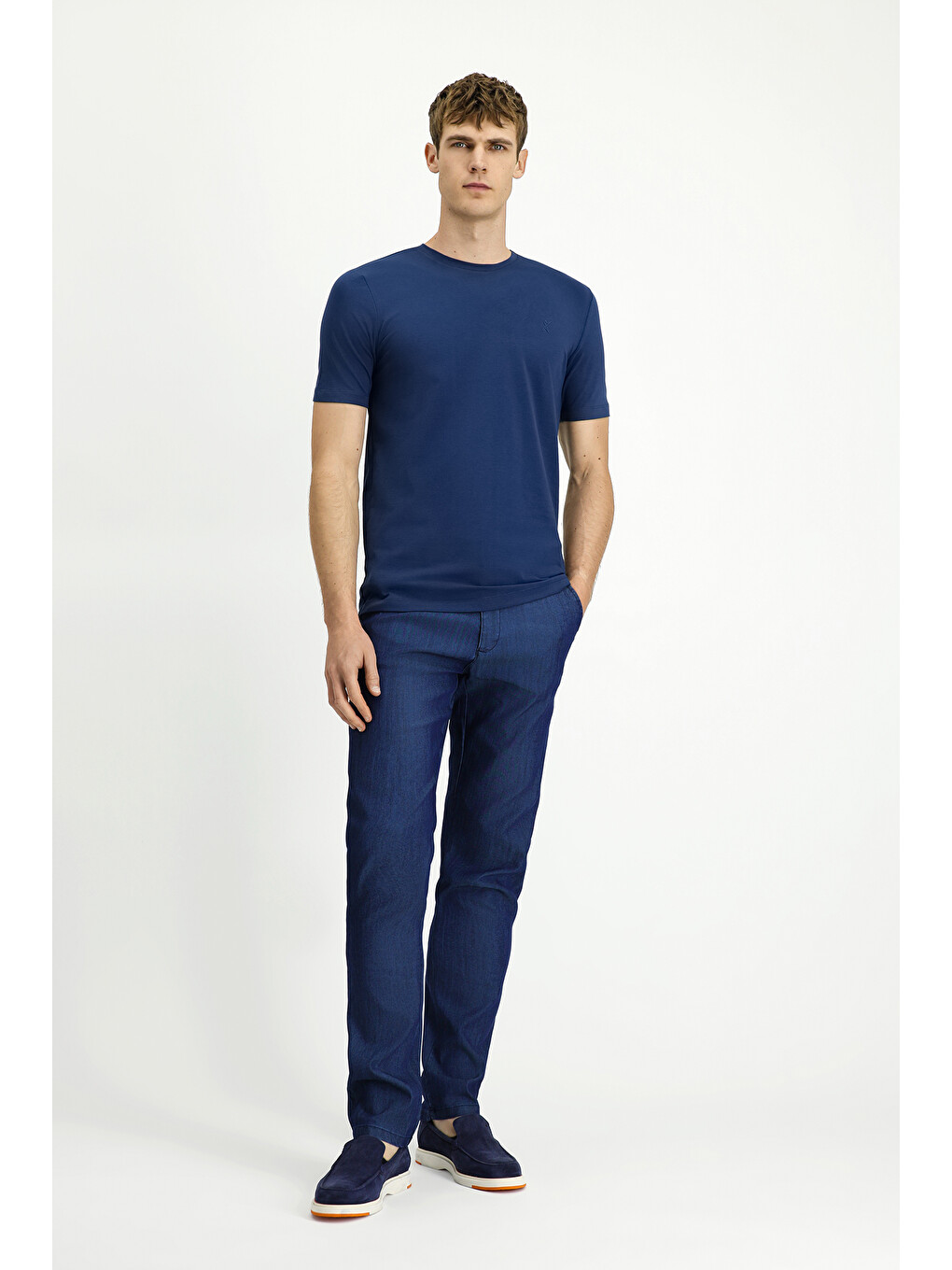 İndigo Bisiklet Yaka Slim Fit Dar Kesim Süprem Pamuklu Tişört-1