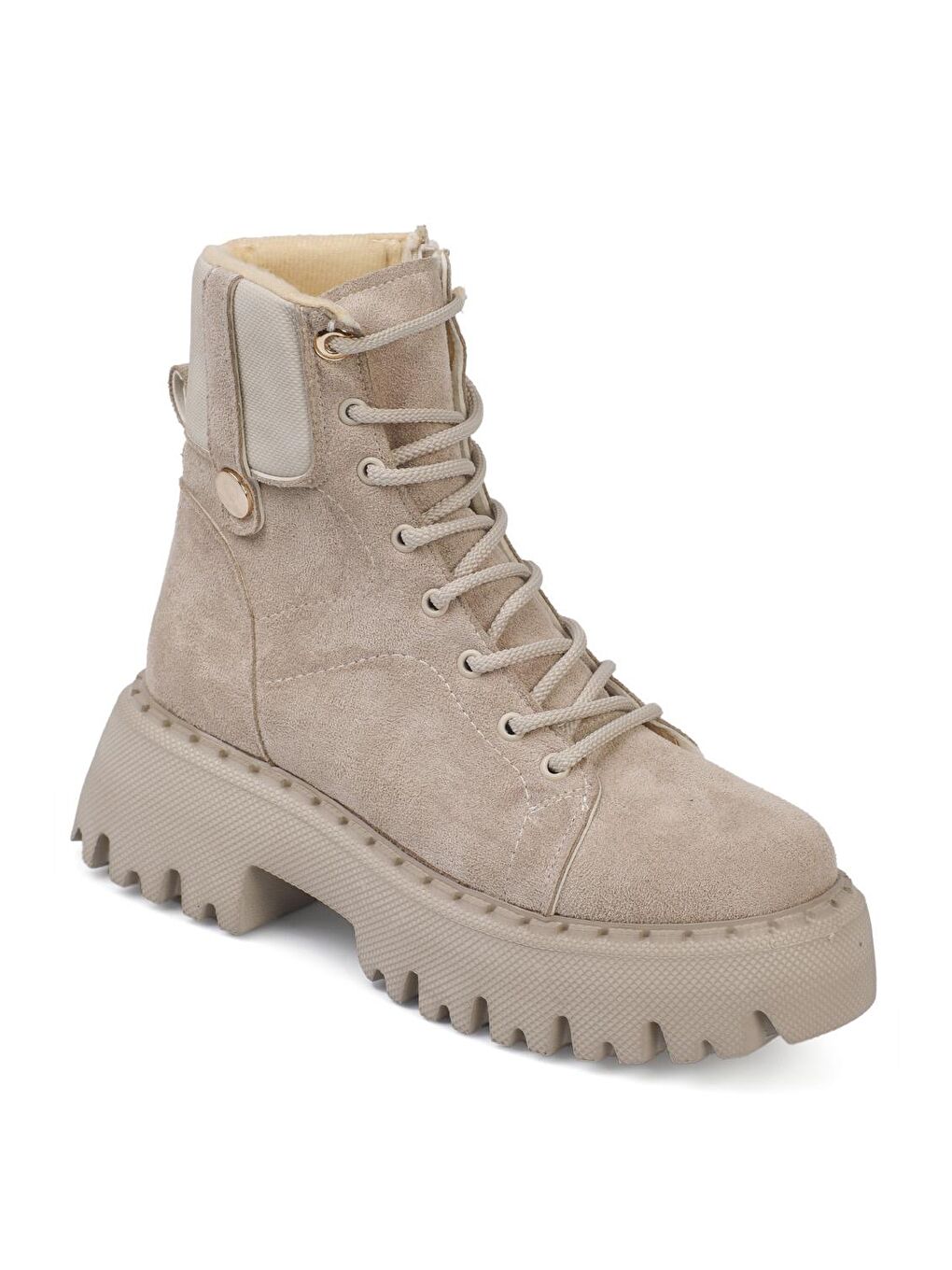 Bej Yuvarlak Burunlu Trak Tabanlı Aksesuarlı Kadın Bot-3