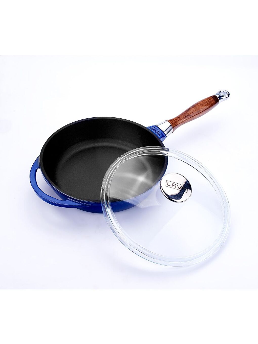 Mavi Yuvarlak Kızartma Tavası Cam Kapaklı Döküm Demir Sök - Tak Ahşap Sap Çap(Ø)24cm-1