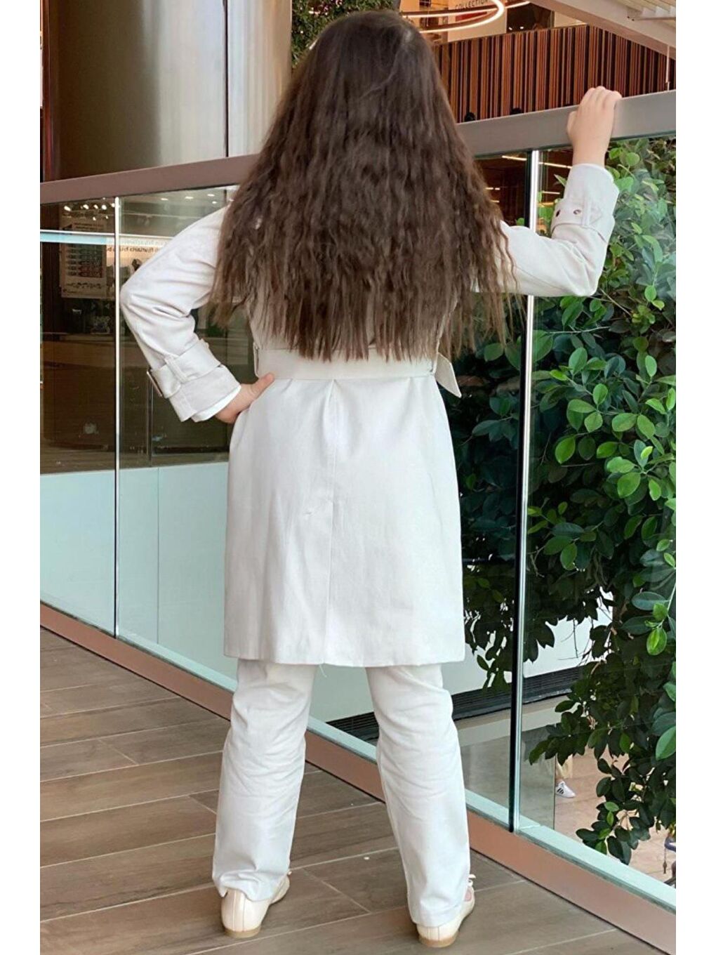 Kız Çocuk Beli Kuşaklı Gabardin Trençkotlu Pantolon ve Bluzlu Bej Alt Üst Takım-1