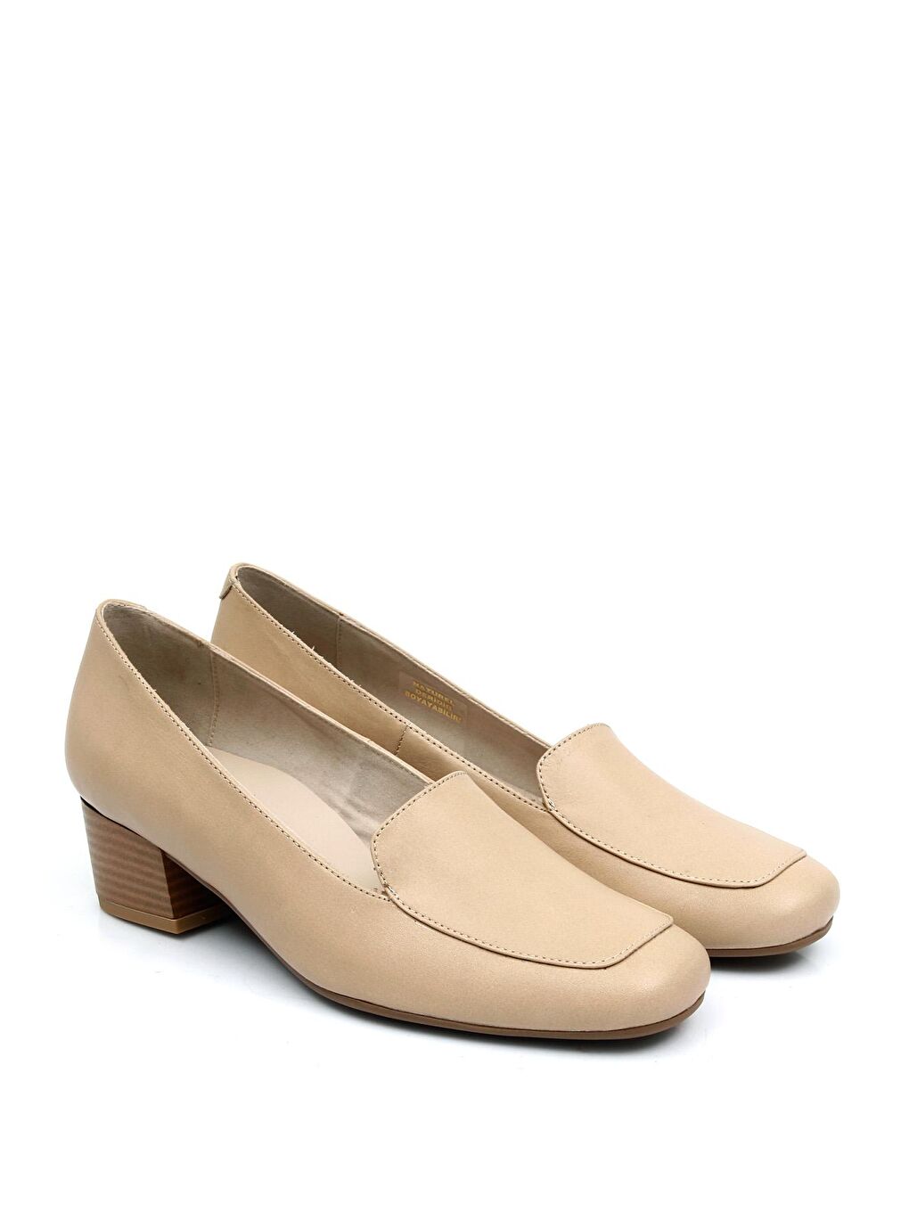 Bej NUDE  Hakiki Deri Küt Burun Kısa Kalın Topuklu Kadın Ayakkabı 13312-1
