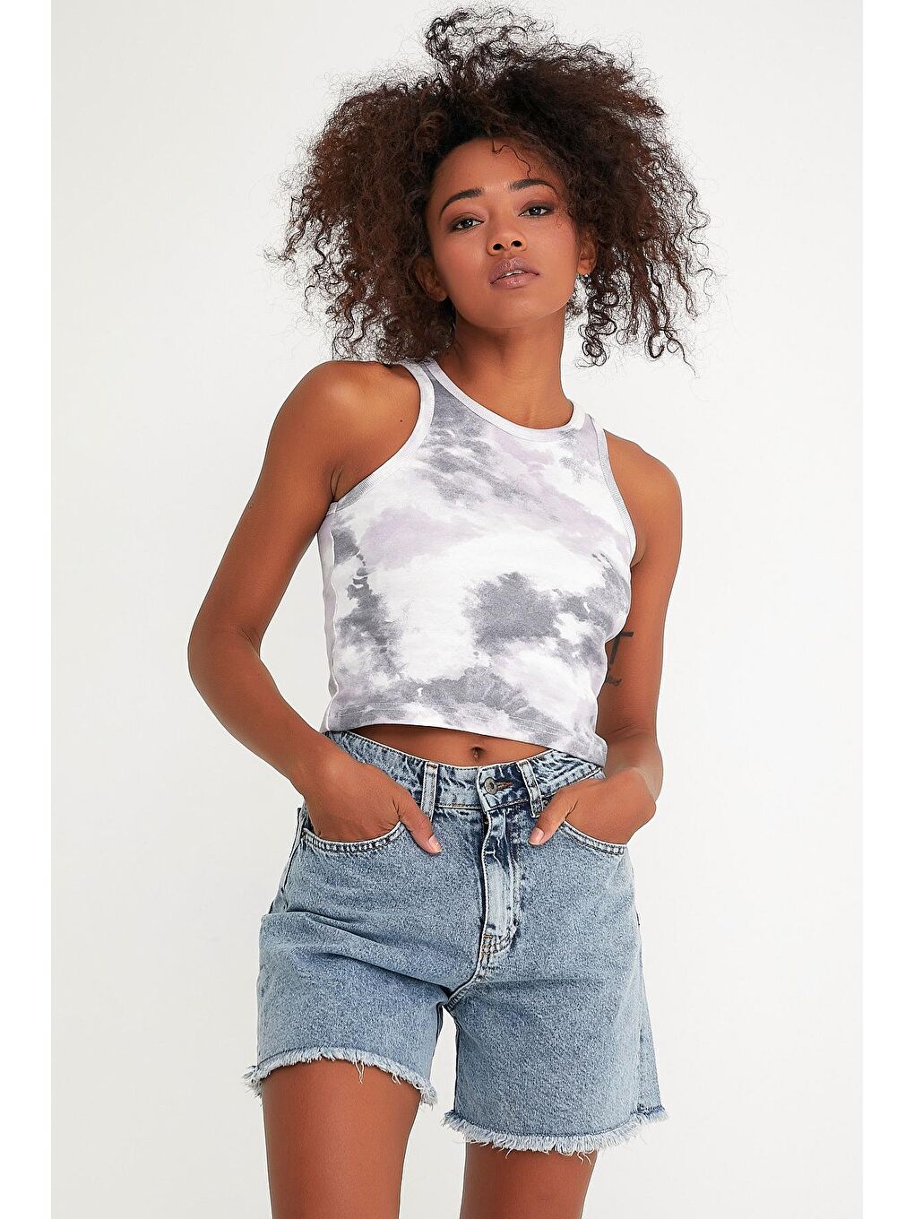 Karışık Kadın Crop Örme Arkası Yüksek Yaka Slim Fit Atlet-Tişort SPR21Y11-2